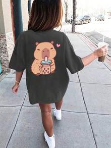 Áo thun tay ngắn cổ tròn in họa tiết thường ngày màu xám đậm dành cho nữ sinh và thanh thiếu niên, mùa hè - Màu xám đen - Xem 7