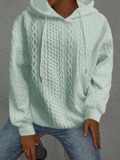 Plus Size Women Loose Casual Solid Color Knitted Jacquard Long Sleeve Hoodie Sweatshirt