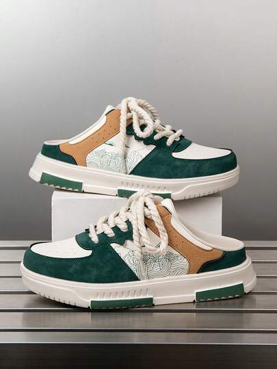 男士民族风撞色波浪印花拼接绳带无跟运动鞋，个性化森林风休闲鞋，适合青少年、校园、日常通勤穿着。