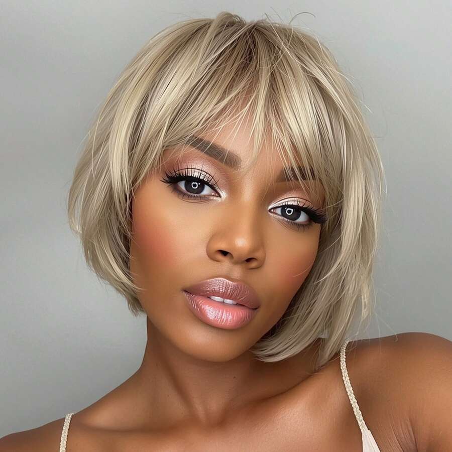 Synthetic Hair Dark Brown With Green Highlights Short Layered Bob Wig - Stylish & Sleek Style Suitable For Women, Ideal For Daily Wear Or Special Occasions - Vàng - Xem 1