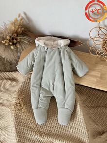 Newborn Baby Boy Thick Fleece Animal Ear Hooded Zipper Front Footed Jumpsuit, Warm For Winter - رمادي - مشاهدة 3