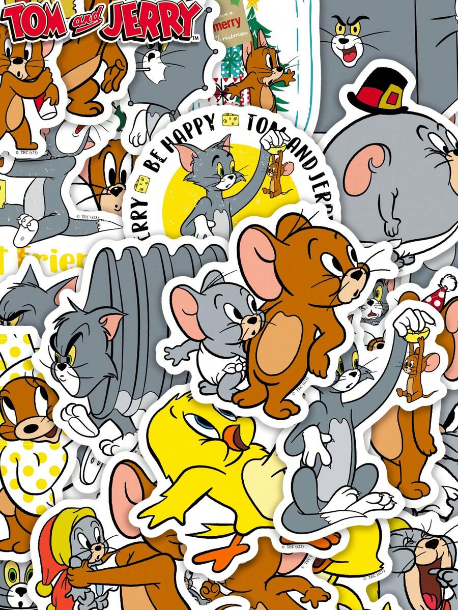 TOM AND JERRY. 50张汤姆和杰瑞卡通贴纸，防水猫鼠动漫贴纸，适合青少年和成人，可爱动漫贴纸，可用于装饰剪贴簿、笔记本电脑、吉他、行李箱、课堂奖励 [官方授权] - 彩色 - 查看 1