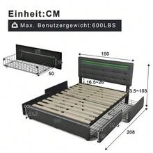 Bed Frame With LED Lighting And 2 Drawers, Single Upholstered Bed 90x200cm, Height-Adjustable Headboard, Wooden Slatted Base, Grey (Mattress Not Included) - 灰色1 - 查看 2