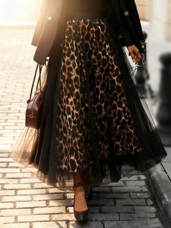 女士豹纹网纱A字半身裙 - 优雅伞状裙摆，透气可机洗，适合春夏秋季休闲至半正式场合穿着，是当季衣橱必备单品，时尚廓形，精湛工艺，下摆时尚，适合办公室穿着