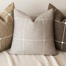 1 pieza Funda de cojín decorativa de lino sintético jacquard a cuadros en beige, estilo rústico con textura de rejilla, adecuada para sofá, sala de estar y decoración del hogar, para todas las estaciones - Beis - Ver 4