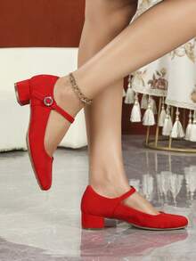 Square Toe Comfortable Chunky Heel Soft Bottom Work Shoes - Red - View 2