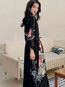 Vintage Chinese Style Loose Fit Long Cover Up, Elegant Printed Niche Design Kimono, Casual Tie-Waist Robe, Sleepwear, Homewear, Lightweight Jacket, Beach Cover-Up, Sun Protection - Black - View 3