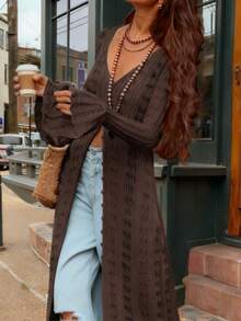 2025 Autumn/Winter New Women's Daily Casual Holiday Long Sleeve Button Minimalist Elegant Crochet Ruffled Hollow-Out Long Cardigan, Women's Streetwear, Y2K Fashion Spring - Mocha Brown - View 2