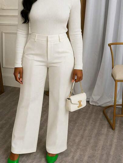 Pantalones rectos casuales de estilo nuevo para mujer en unicolor con cremallera y bolsillos - Talla grande - Pantalones de estilo elegante