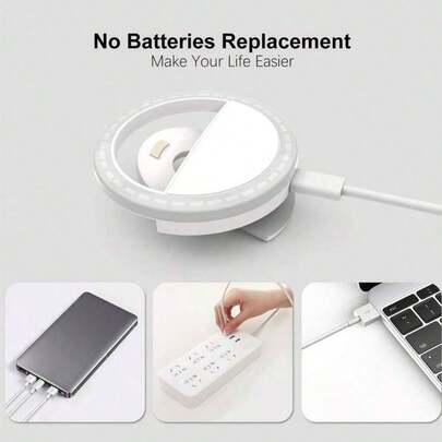 Luz de anillo portátil para selfies, adecuada para transmisiones en vivo, conferencias y maquillaje, luz nocturna, modelo recargable por USB, luz de relleno para teléfono móvil, luz de clip para transmisión en vivo, luz de selfie, iluminación portátil para fotografía, luz de belleza, luz de anillo, decoración de habitación 150mAh