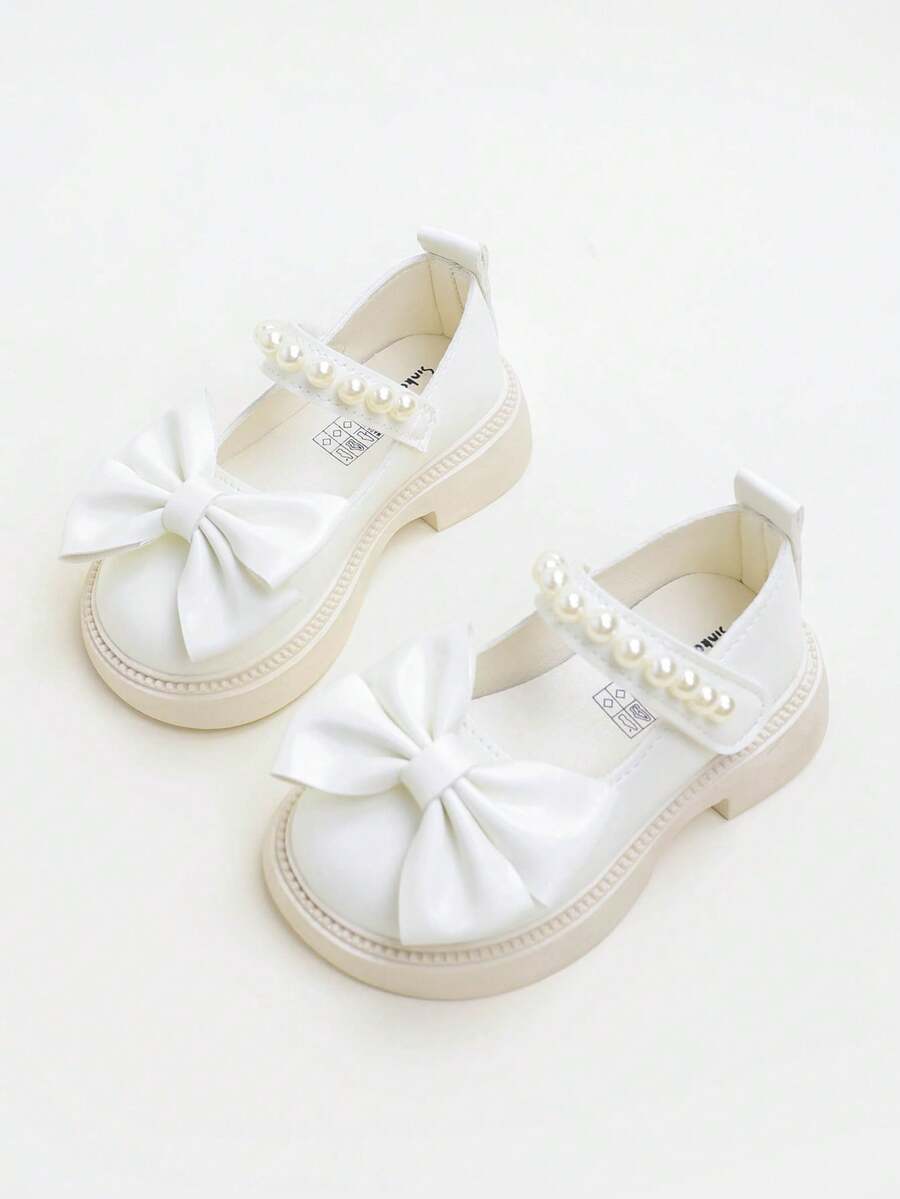 1 Pair Simple Solid Color Cute Bow Pearl Decor Hook And Loop Girls Flat Mary Jane Shoes, Comfortable And Durable, Suitable For Daily Wear, Suitable For All Seasons - Beige - View 1