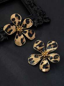 1 par de pendientes de flor con estampado de leopardo de peluche, diseño único y de moda, adecuado para uso diario, accesorio de otoño/invierno - Multicolor - Ver 2
