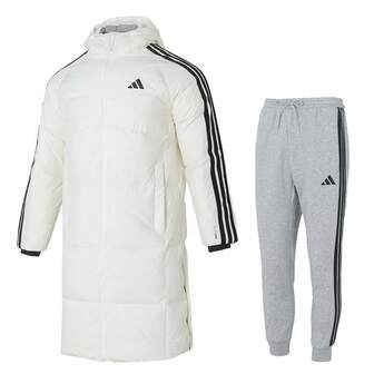 Adidas [Men's Sports Suit] 3S L DOWN JKT Long Jacket Down Jacket (Down Content: 80%) + M 3S FL TC PT Knit Fleece-Lined Running Trousers With Jogger KC2497+JE6318