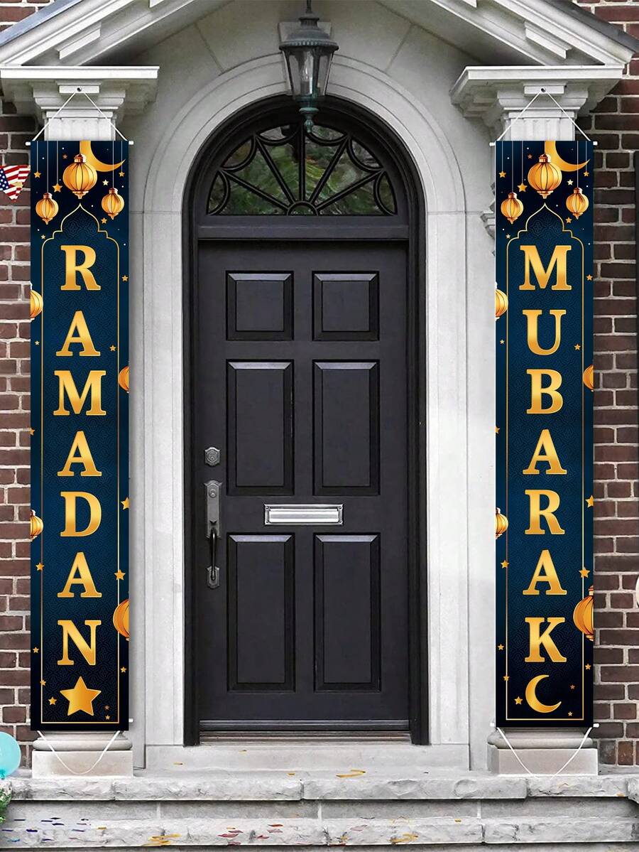 2 pièces/set Rideau de porte Eid Mubarak bleu et or, bannière de Ramadan pour Eid Al Fitr, drapeau suspendu avec design de lanterne de lune, décoration de chambre Eid, décorations murales Eid Mubarak Ramadan, décorations de porte Eid, décorations Ramadan Eid Mubarak, drapeau Ramadan Kareem, Ramadan Eid, fournitures de fête Eid Mubarak Ramadan, décorations Ramadan pour la maison, cadeaux EID, bannière Eid Mubarak - Or bleu Ramadan - Voir 1