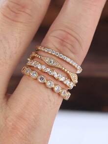 1 Set Of Gold & Emerald Green Zirconia Braided Rings, 4pcs/Set, Elegant Jewelry Suitable For Formal Events And Parties - Yellow Gold - View 6
