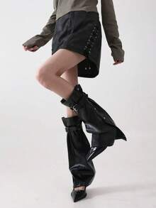 1 Pair Solost Dark Punk Style Black Cozy Leg Warmers, Women Metal Buckle Goth Outfit Micro Flare Boot Covers, Leather Cozy Leg Warmers