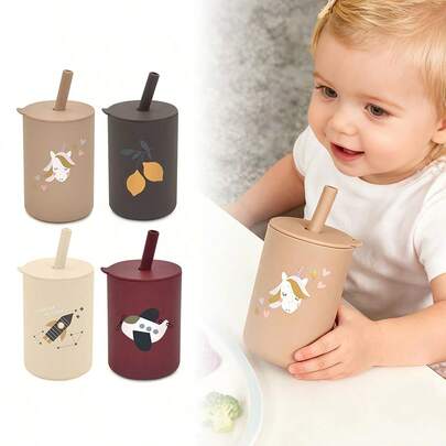 1pc Portable Baby Straw Cup, 180ML Silicone Anti-Drop Infant Water Bottle, Airplane, Fruit, Rocket, Unicorn Print, Leak-Proof Baby Training Cup, Grip Exercise, Easy Clean Dishwasher