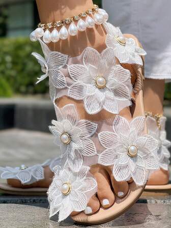 Women's 3D Floral White Flat Sandals, Fashion Strap Thong Slip-On Shoes, Casual Beach Holiday Travel Flat Shoes