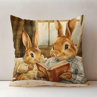 MEMNUN 1pc Cute Cartoon Rabbit Reading Book Printed Pillow Cover (Pillow Insert Not Included), Made Of Peach Velvet Fabric, Single-Sided Printing, Available In 17.7*17.7in(45*45cm)/19.69*19.69in(50*50cm)/15.75*15.75in(40*40cm), Decorative Cushion Cover For Home, Bedroom, Gift