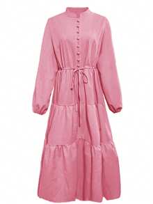 Vestido de mujer de manga farol con dobladillo de retazos, elegante, de unicolor, con botón en la cintura y nudo, para uso casual, fiesta de cumpleaños, evento formal, cita, otoño/invierno