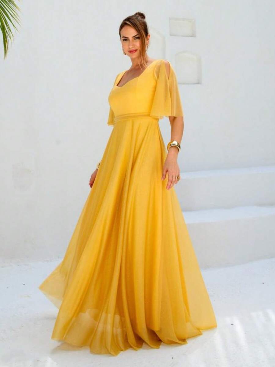 Lilian Long Party Dress With Glitter - Gold - View 1