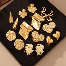 Set de 10 piezas de aretes asimétricos de metal, adecuados para uso diario, regalo (estilo aleatorio) - Dorado - Ver 3