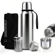 Termo de Acero Inoxidable 1000ML, Termo para Agua con Infusor de T, Botella de Agua, Cierre Hermtico, Sin BPA, Mantngase caliente y fro24 horas, con manga de botella, A prueba de derrames Verde - Plata - Ver 2