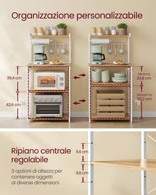 VASAGLE Scaffale da Cucina con Presa Elettrica, Bar Caffè a 4 Ripiani con Uno Regolabile, Supporto per Microonde, Porta Carta da Cucina, 40 x 60 x 140 cm, Rovere Dorato e Bianco Nuvola - Quercia dorata - Visualizzare 4