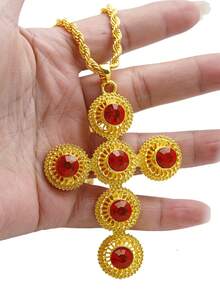 24K Gold Plated Zinc Alloy Cross Pendant Necklace Set, 80cm Long, Classic Accessory For Daily Wear