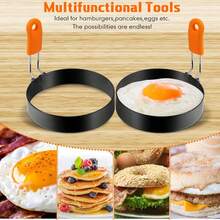 1/6件套鸡蛋模具煎饼模具套装，不锈钢鸡蛋模具煎饼成型器，带硅胶手柄，适用于早餐煎蛋卷三明治（方形、圆形，4.33英寸、2.95英寸、3.54英寸、3.94英寸、5.91英寸、7.87英寸） - 橘子黑色 - 查看 5