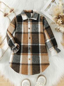 Young Girls Elegant & Cute Loose Mid-Length Flared Hem Woolen Coat, Classic Plaid Versatile Long Sleeve Warm Outerwear, Autumn/Winter Children Clothing - Coffee Brown - View 1
