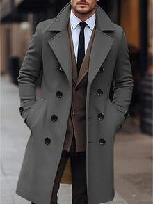 Men Tweed Pea Coat Casual Solid Color Warm Long Sleeve Double Breasted Winter Cardigan For Streetwear Outerwear - 深灰色 - 查看 1
