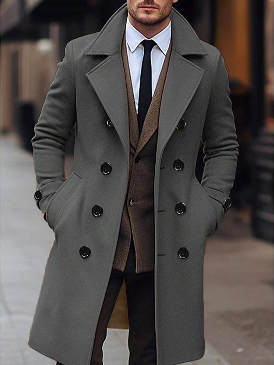 Men Tweed Pea Coat Casual Solid Color Warm Long Sleeve Double Breasted Winter Cardigan For Streetwear Outerwear - 深灰色 - 查看 1