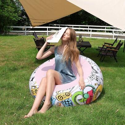 1pc Outdoor Inflatable Sofa, Portable & Easy To Store Camping Chair, Graffiti Print, Thick PVC Inflatable Lounge Chair, Outdoor Camping And Indoor Leisure Beanbag, Camping Equipment, Camping Essentials