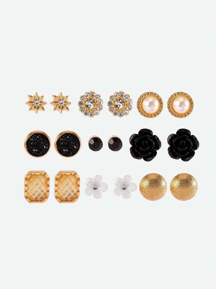 Opalesca 9pairs Rhinestone Floral Stud Earrings - Multicolor - View 1
