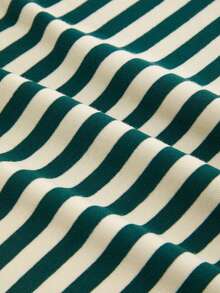 Camiseta feminina listrada com ombros caídos, gola redonda, manga média e cintura com cordão. - Verde - Ver 3