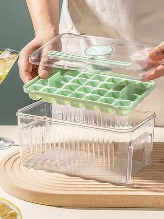 1pc Pressing Ice Cube Tray With Lid, Sealed Ice Maker With Ice Scoop For Home Refrigerator