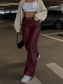 女士高腰亮面PU皮革阔腿裤，哑光涂层，时尚百搭，适合派对、通勤、音乐节、度假等场合，休闲直筒裤，春夏服装，畅销款，Y2K风格，适合派对、通勤、假日、节日、户外活动等场合，春夏穿着，适合高个女性，搭配单品，黑色，长裤