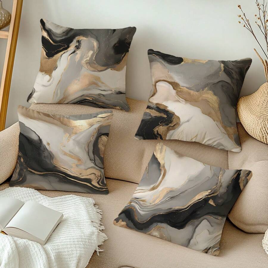 MEMNUN 4 piezas Funda de cojín con estampado de mármol gris y negro agrietado (sin relleno de cojín), tela de terciopelo melocotón con impresión de un solo lado, 17.7*17.7in(45*45cm)/19.69*19.69in(50*50cm)/15.75*15.75in(40*40cm) Funda de almohada, adecuada para sofá, cama, dormitorio, oficina, hotel, decoración, todas las estaciones, regalo