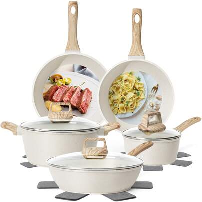 12 Pcs Non-Stick Cookware Set,Non-Stick Cookware, Set Includes Frying Pan, Pan, Steamer, Crock Pot, Wok With Black Silicone Spatula, Spoon, Tongs, Aluminum Cookware