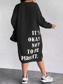 Valentine's Day Plus Size Women's Spring And Summer Fashion Letter Print Long Sleeve Loose Casual Straight Sweatshirt Dress - Black - View 2