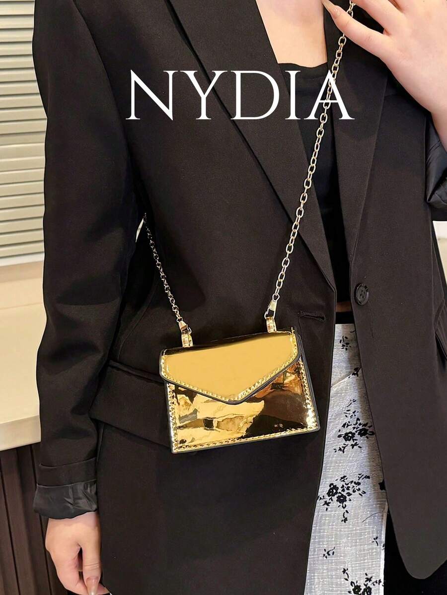 Mini Metallic Letter Graphic Flap Chain Square Bag, Funky, Punk & Bag For Street Wear , Goth - Gold - View 1