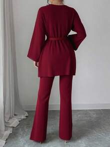 女士仿珍珠装饰长袖开衫和裤子优雅套装 - 紅色 - 查看 2