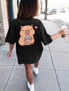 Girls & Teenagers School Student Casual Printed Black Crew Neck Short Sleeve T-Shirt, Summer Top - Black - View 7