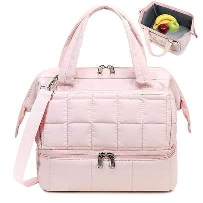 Lunch Box For Women Insulated Lunch Bag Double Deck, Puffer Quilted Lunchbox Wide Opening Reusable Lunch Boxes Cooler For Work Picnic Travel Office With Adjustable Shoulder Strap (Pink),Pink
