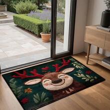 1 pieza Felpudo con estampado de ciervo, decoración navideña, se puede usar como regalo de Navidad, material similar a la felpa, muy absorbente y fácil de limpiar, adecuado para decoración del hogar, estilo rústico, entrada, interior, habitación, cocina, comedor, pequeña oficina/oficina en casa, fregadero, lavandería, felpudo, alfombra de cocina, alfombra antideslizante