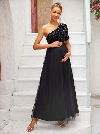 Joyfunear Gravida kvinnors eleganta klänning med paljettmönster och en axel, kortärmad och nätfåll