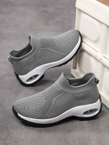 Women Breathable Lightweight Knit Slip On Walking Shoes Stretch Sock Upper Minimalist Solid Color Round Toe Low Top Platform Heel Sneakers Casual Style Women Daily Walking Outdoor Travel Spring Summer Grey Fabric Athletic Shoes - Grey - View 6