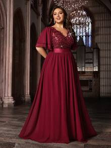 Elegante vestido de noche formal de gasa de unicolor con aplicaciones y parches de lentejuelas para primavera y boda - Burdeos - Ver 5
