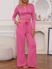 2pcs Set Women Long Sleeve Solid Color Tight Fitting Top And Pants Set, Spring/Autumn/Winter - Coral Pink - View 4